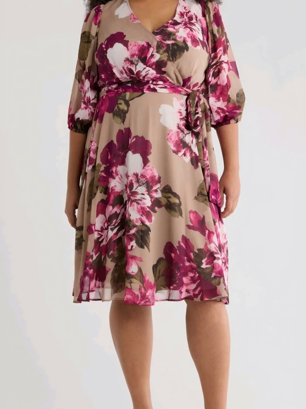 Calvin Klein Beige Midi Floral Wrap Dress with Pink & Green Accents